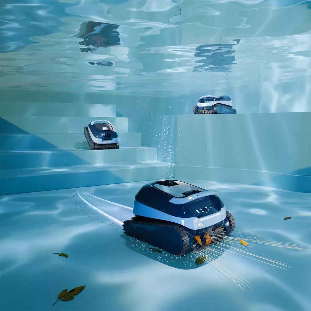 Robot piscina Dolphin Eon 100i cordless in azione sott'acqua, raccoglie foglie sul fondo della piscina.