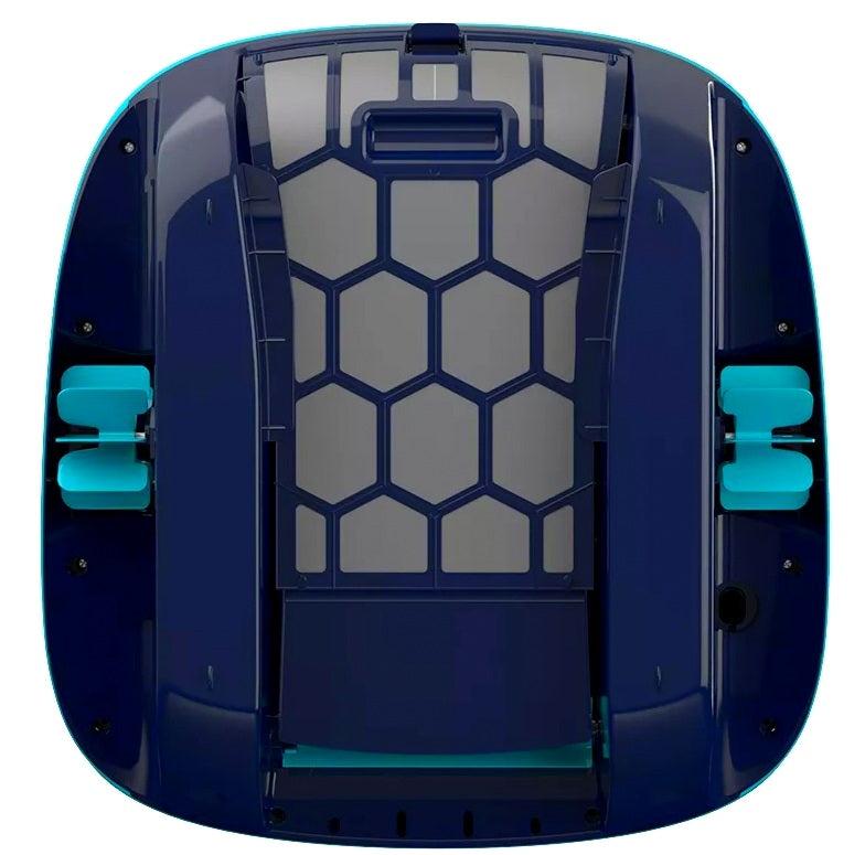 Robot piscina Dolphin Skimmi 300, vista dall'alto, design blu con dettagli esagonali.