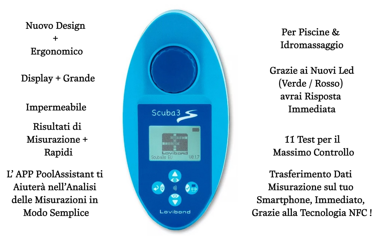 Fotometro Lovibond Scuba 3S Wireless, design blu, display grande, per analisi acqua piscina e idromassaggio.