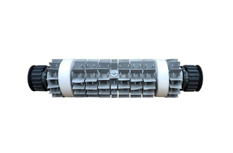 Spazzola PVC posteriore lunga con 2 anelli per robot piscina Maytronics Dolphin, grigia e nera.