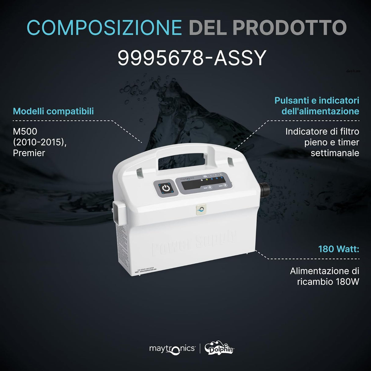 Trasformatore con timer e spia filtri pieni per robot piscina Maytronics Dolphin, compatibile con vari modelli.