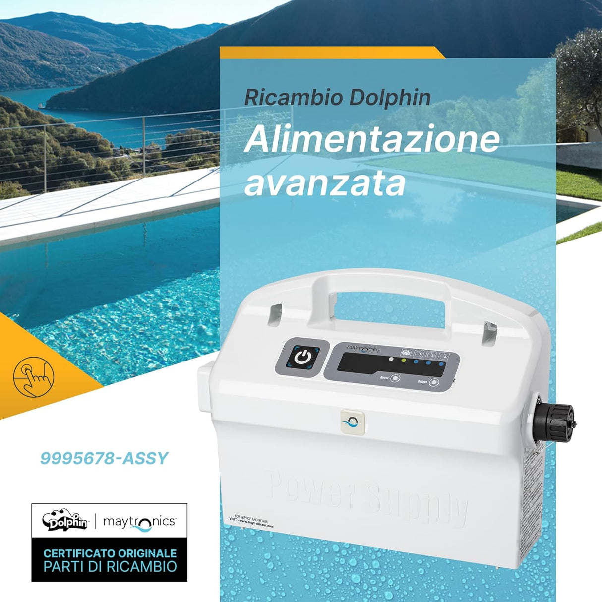Trasformatore con timer e spia per robot piscina Dolphin, sfondo piscina e montagna.