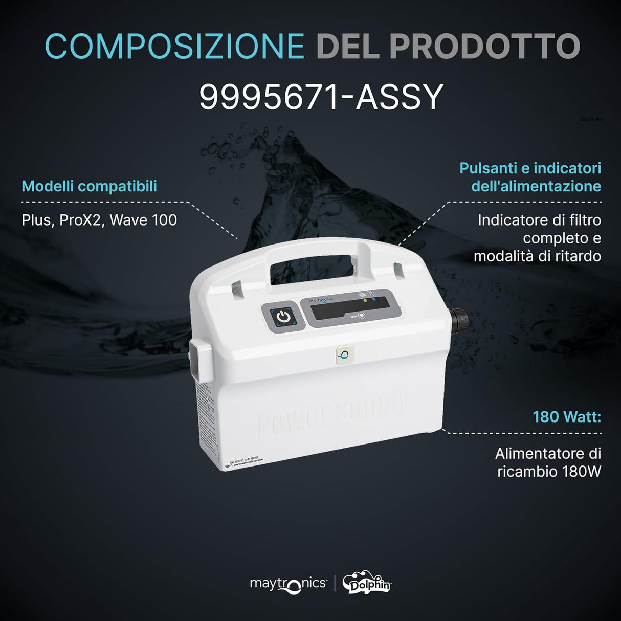 Trasformatore di alimentazione con spia e ricevitore per robot piscina Maytronics, modello 9995671-ASSY.