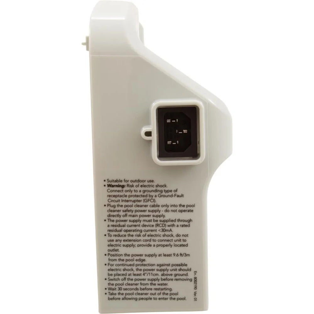 Trasformatore di alimentazione per robot piscina Maytronics Dolphin, vista laterale con presa elettrica.