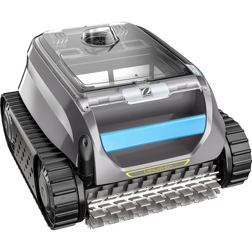Robot piscina Zodiac Freedom OF 42 iQ Gyro su fondo bianco, con cingoli e design moderno.