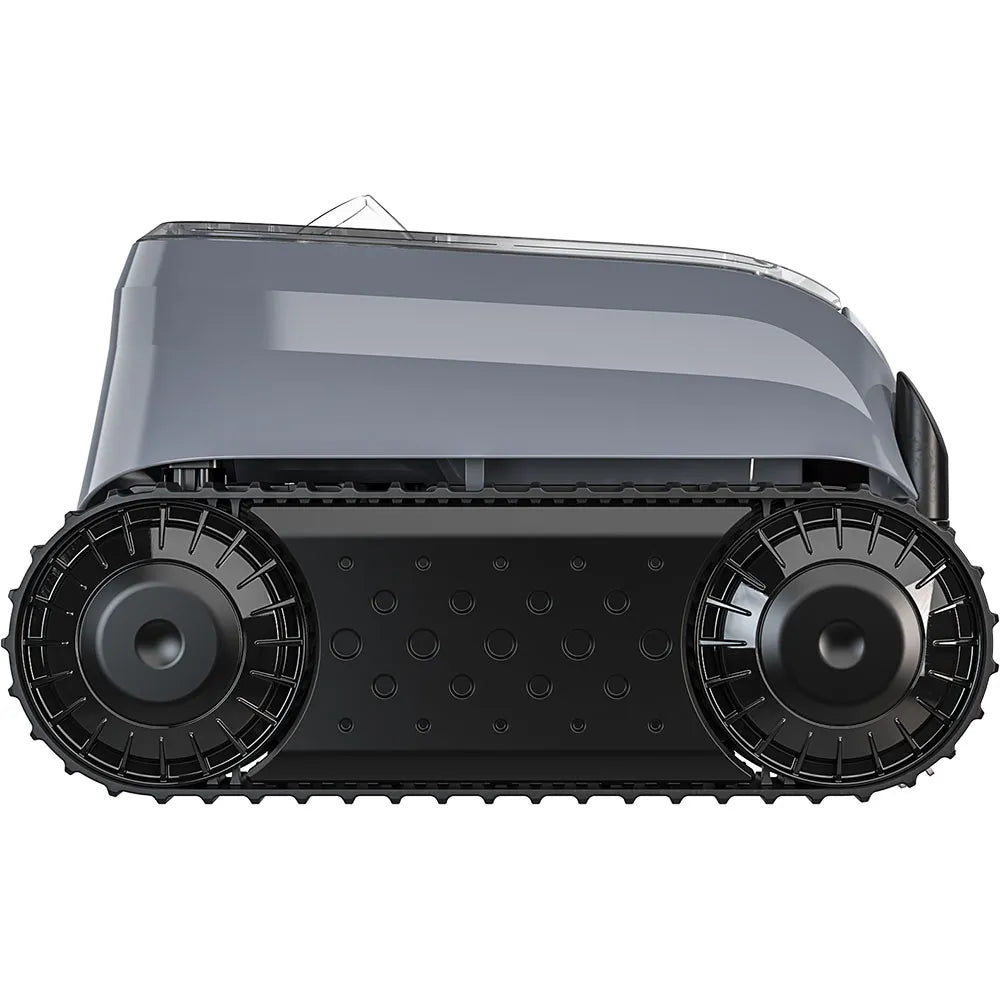 Robot piscina Zodiac Freedom OF 42 iQ Gyro, vista laterale, cingoli neri e scocca grigia.