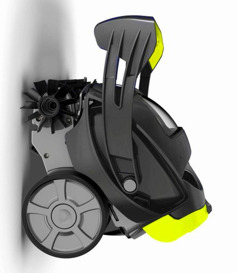 Robot pulitore Zodiac SPABOT OS 0800, cordless, con ruote e ventola, appoggiato a una parete.