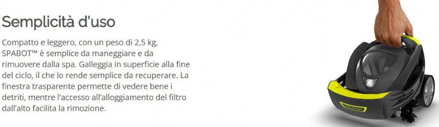 Zodiac SPABOT OS 0800 cordless vicino a una mano, progettato per pulizia idromassaggio e SPA.