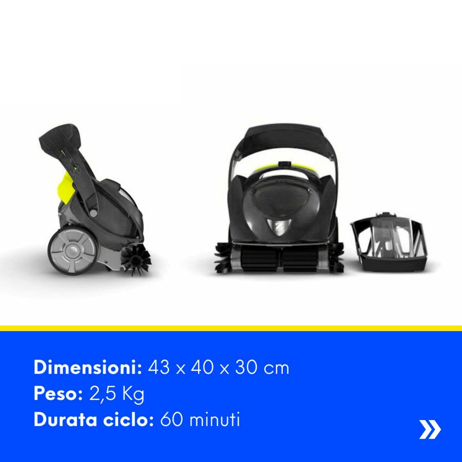Robot pulitore Zodiac SPABOT OS 0800 con ruote e spazzole, vista laterale e frontale.