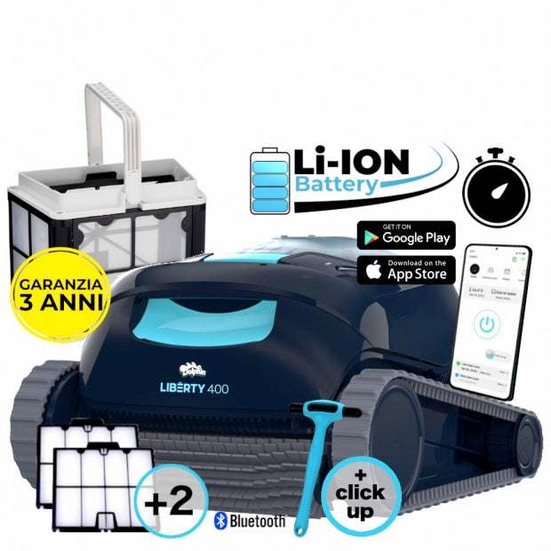 Dolphin Liberty 400i Eco Cordless Bluetooth MyDolphin APP - Robot Pulitore a Batteria al Litio per Piscina fino a 10 Mt - FONDO + PARETI + LINEA - NOVITA