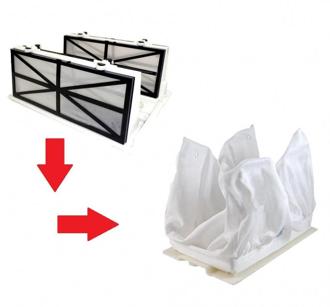 Kit Conversione Sistema Filtrante da Cartucce a Sacco Filtro in Tessuto Gradazione Fine 50 Micron Ricambio per Robot Piscina Maytronics Dolphin Swash TC / XForce30 & Cosmos30