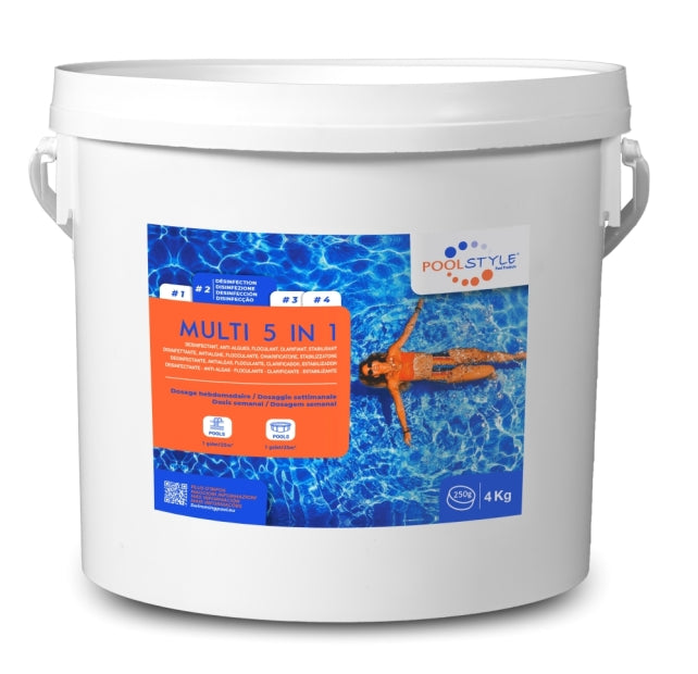 Poolstyle Multifunzione in Pastiglie da 250 Gr - 5 Azioni - Flocculante + Antialghe + Cloro + Chiarificante da Kg. 4 - Prodotto Chimico per Piscina - Alta Qualità