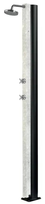 Doccia solare in acciaio bianco e nero, capacità 30 litri, con soffione e due manopole.