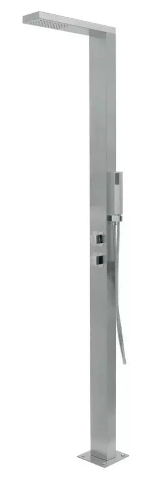 Doccia piscina in acciaio inox AISI 316L con miscelatore e doccino, design moderno.