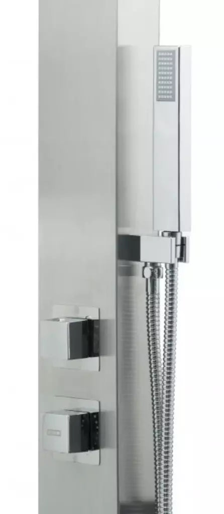 Doccia in acciaio inox AISI 316L con miscelatore e doccino, design moderno.