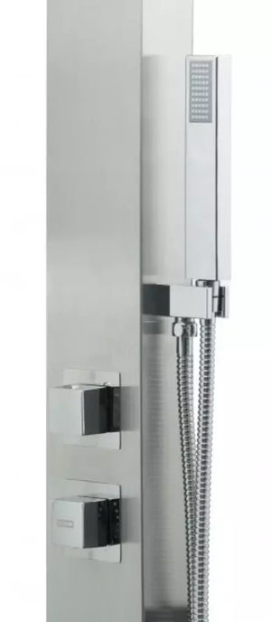 Doccia in acciaio inox AISI 316L con miscelatore e doccino, design moderno.