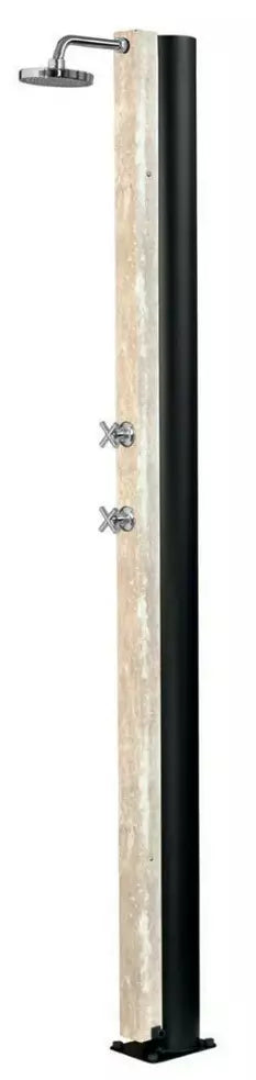 Doccia solare in acciaio bianco da 30 litri con due manopole e soffione, design moderno.