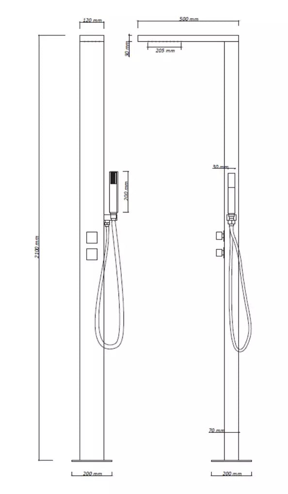 Doccia piscina in acciaio inox AISI 316L con miscelatore e doccino, vista tecnica con misure dettagliate.
