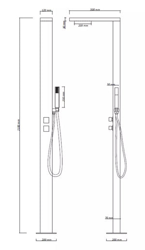 Doccia piscina in acciaio inox AISI 316L con miscelatore e doccino, vista tecnica con misure dettagliate.