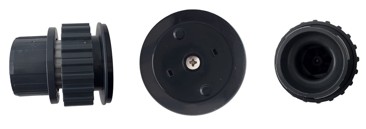 Puleggia posteriore nera per trazione robot piscina Maytronics Dolphin, vista da tre angolazioni.