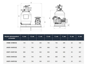 Filtro a sabbia Hayward PowerLine con valvola superiore, disegno tecnico e dimensioni.