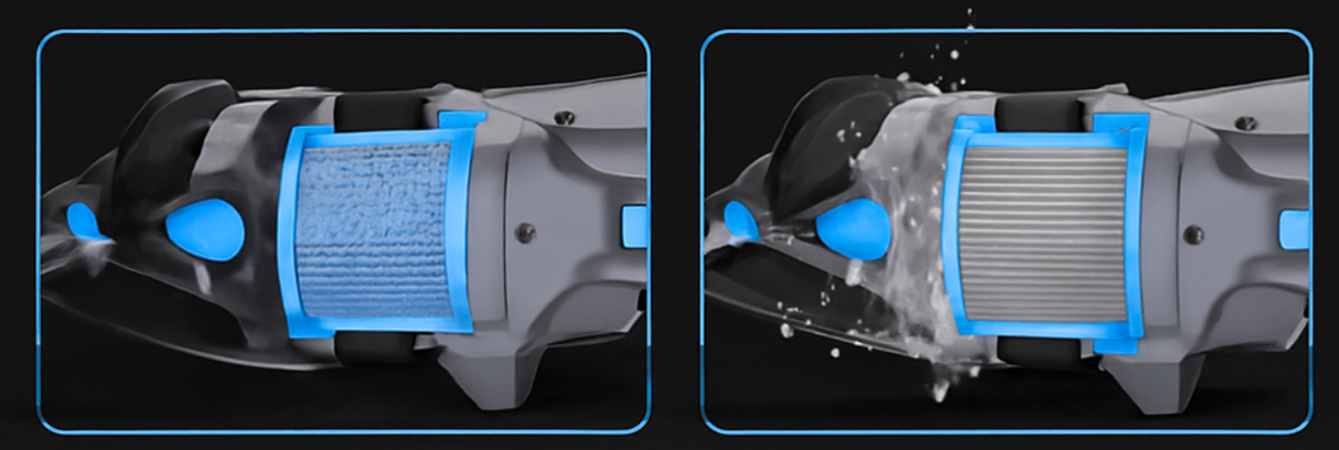 Aspiratore BWT PK GIANT con doppia filtrazione ultra fine, dettagliato in due fasi di utilizzo.