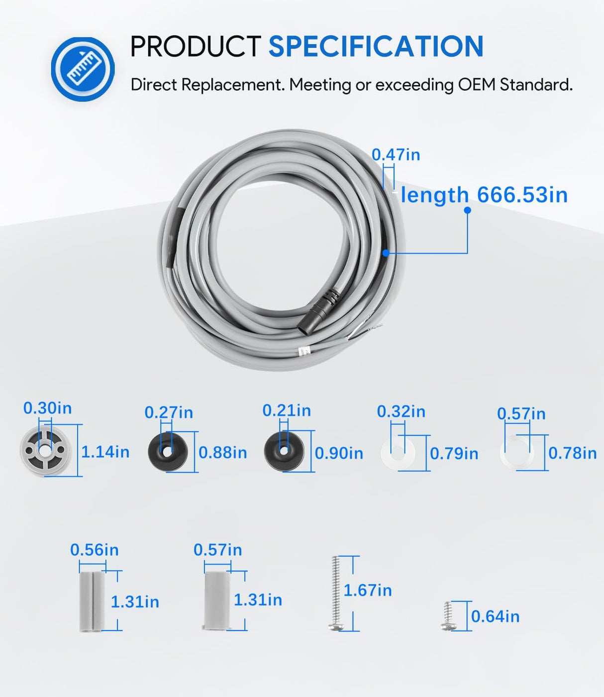 Cavo galleggiante 17 m con connettori per robot piscina Hayward, include specifiche di dimensioni.