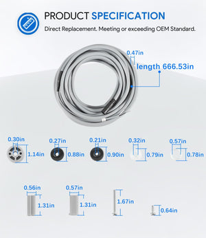 Cavo galleggiante 17 m con connettori per robot piscina Hayward, include specifiche di dimensioni.