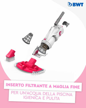 Aspiratore BWT PK GIANT con accessori e filtro a maglia fine per pulizia piscine e SPA.