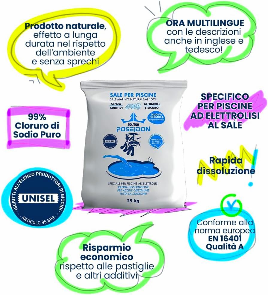 Sale Piscina Granulare Marino Puro al 99% a Rapida Dissoluzione - Specifico per Piscine con Sistema di Disinfezione ad Elettrolisi - Conforme alla Normativa EN 16401 - Qualità A