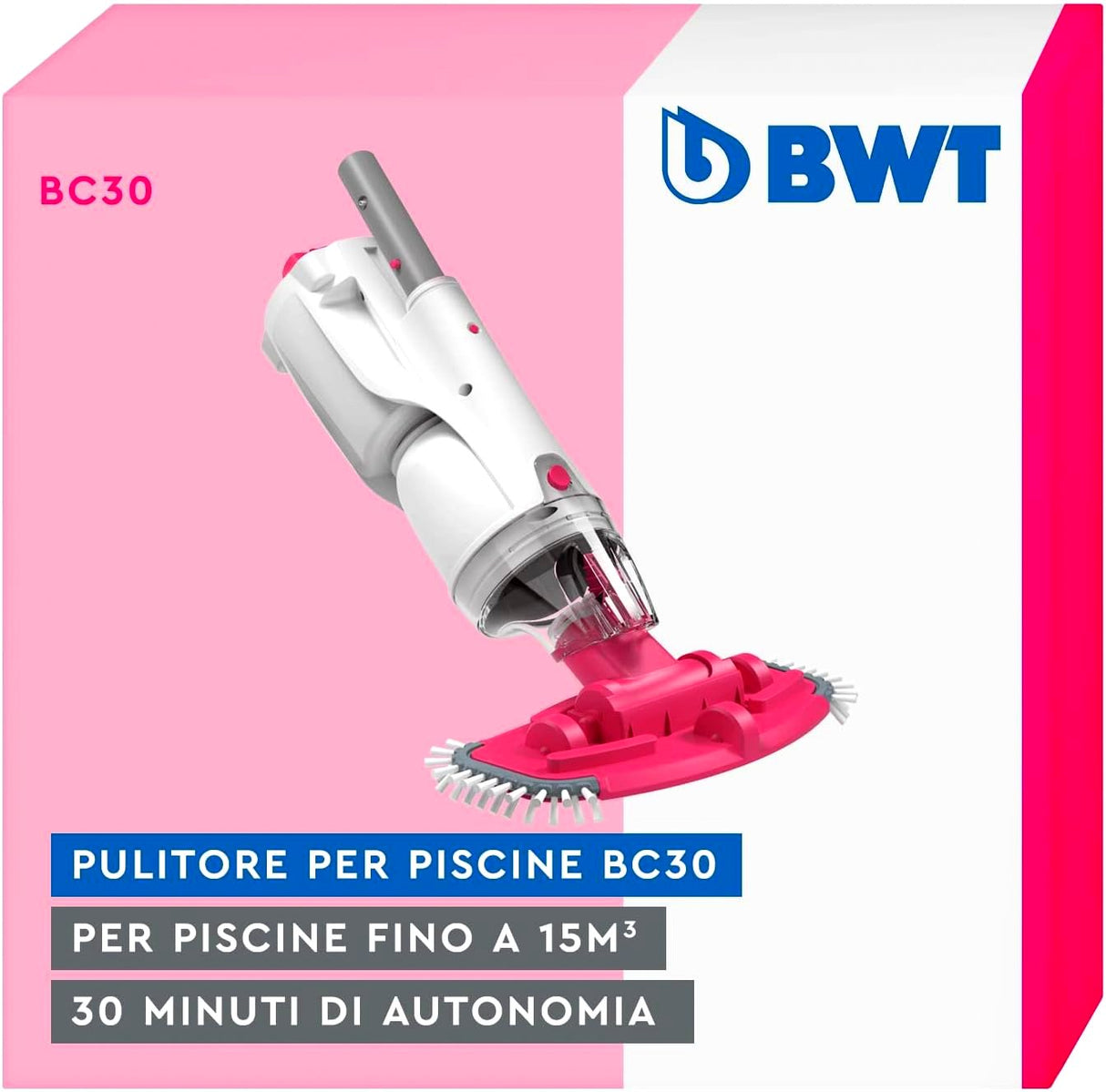 Aspiratore BWT PK GIANT a doppia filtrazione, design bianco e rosa, su sfondo rosa.