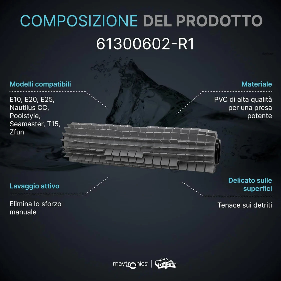 Spazzola PVC Anteriore Attiva su Rullo Robot Piscina Maytronics Dolphin Serie E / S / Z / SX / Mr / SM / Run / SL / Super / Poolstyle / My Zefiro / Wolly / Busatta / Liberty / 61300602-R1 - 9995544-ASSY - 9995551-ASSY