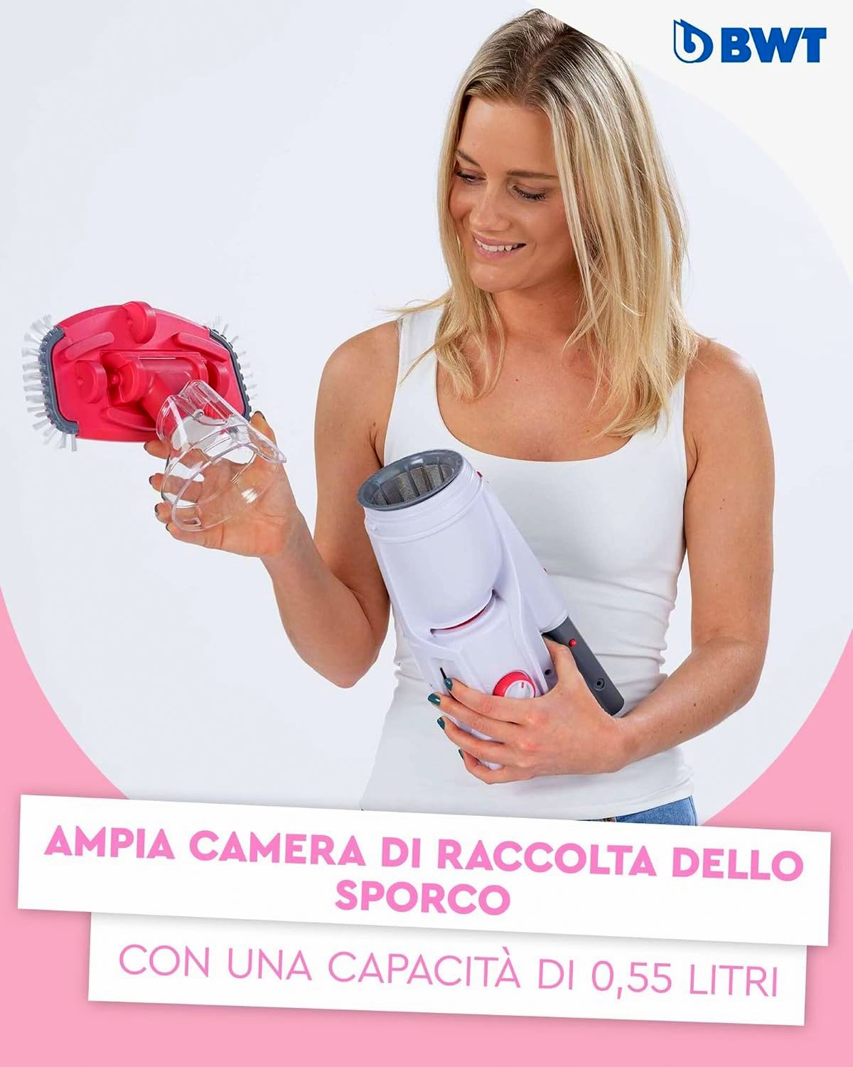 Aspiratore BWT PK GIANT con doppia filtrazione, mostrato con accessori e capacità di 0,55 litri.