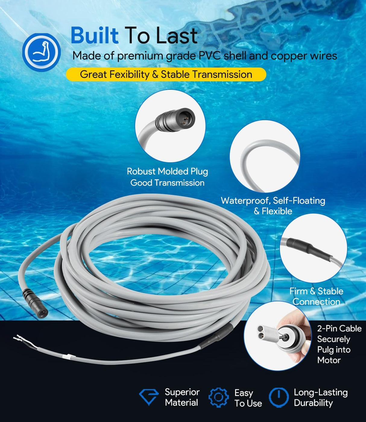 Cavo galleggiante 17 m con connettori 2 pin per robot piscina Hayward Tiger Shark e Aquavac.