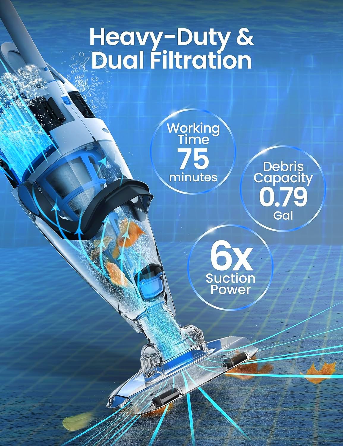 Aspiratore BWT PK GIANT in azione sul fondo piscina, mostra doppia filtrazione e potenza di aspirazione.