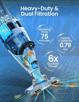 Aspiratore BWT PK GIANT in azione sul fondo piscina, mostra doppia filtrazione e potenza di aspirazione.