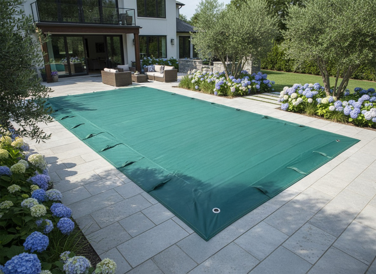 Telo di copertura verde per piscina, con asole, su terrazza con piante e fiori.