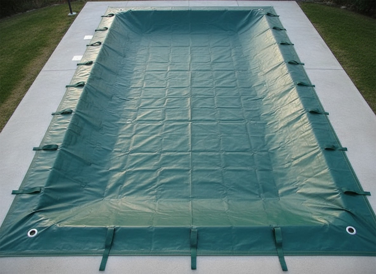 RICHIEDI PREVENTIVO Telo di Copertura Invernale per Piscina con Asole SENZA Tubolari Perimetrali + BORDATURA con RISVOLTO & DOPPIA CUCITURA - Made in Italy - 235 gr/mq