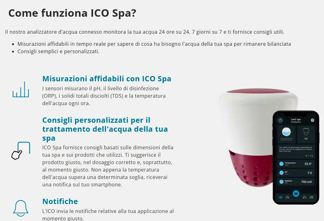 Isolotto Tecnologico Ondilo ICO SPA V2 Essential+ Rilevatore Parametri Ph + Cloro + Bromo o Sale + Temperatura Acqua Idromassaggio & SPA Tramite Bluetooth & WiFi - Intelligenza Artificiale - MY2026