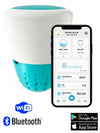 Rilevatore Ondilo ICO V2 accanto a smartphone con app per monitorare parametri piscina via Bluetooth e WiFi.