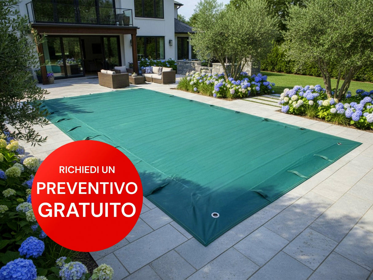 Telo di copertura verde per piscina in giardino, con asole e bordatura, senza tubolari perimetrali.