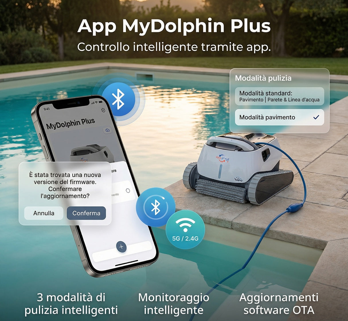 Dolphin Poolstyle 40i IoT Wi-Fi APP MyDolphin Plus Bluetooth Timer Digital - Robot Piscina Elettrico fino a 12 Mt - FONDO + PARETI + LINEA - MY2026