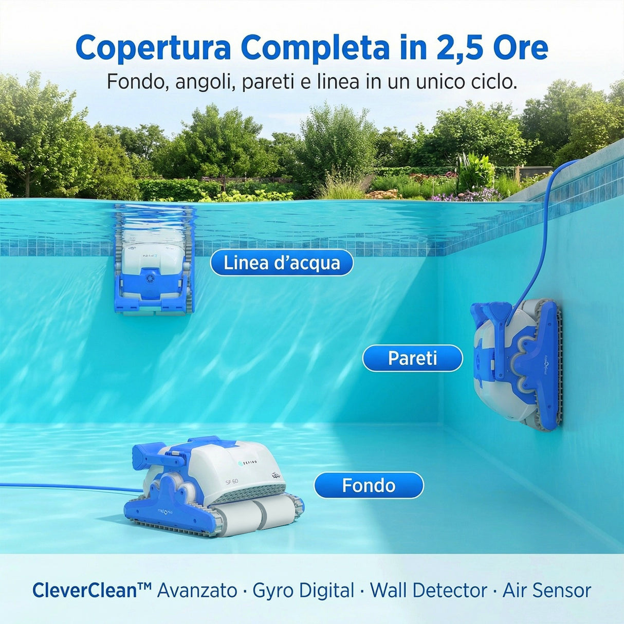 Dolphin ZEFIRO SF60i IoT Wi-Fi Bluetooth Smart Active Timer Gyro Digital - Robot Elettrico Pulitore per Piscina fino a 15 Mt - Rivestimento in Ceramica Cemento Verniciato Vetroresina & PVC con Gradino Perimetrale - APP MyDolphin Plus - MY2026