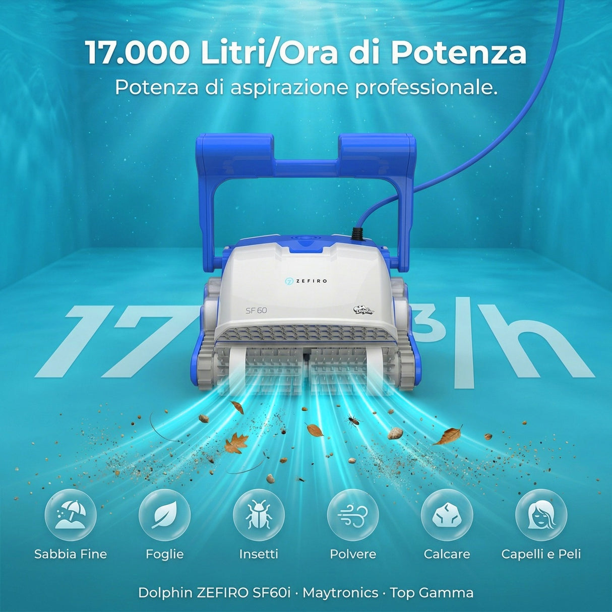 Dolphin ZEFIRO SF60i IoT Wi-Fi Bluetooth Smart Active Timer Gyro Digital - Robot Elettrico Pulitore per Piscina fino a 15 Mt - APP MyDolphin Plus - TOP GAMMA - MY2026
