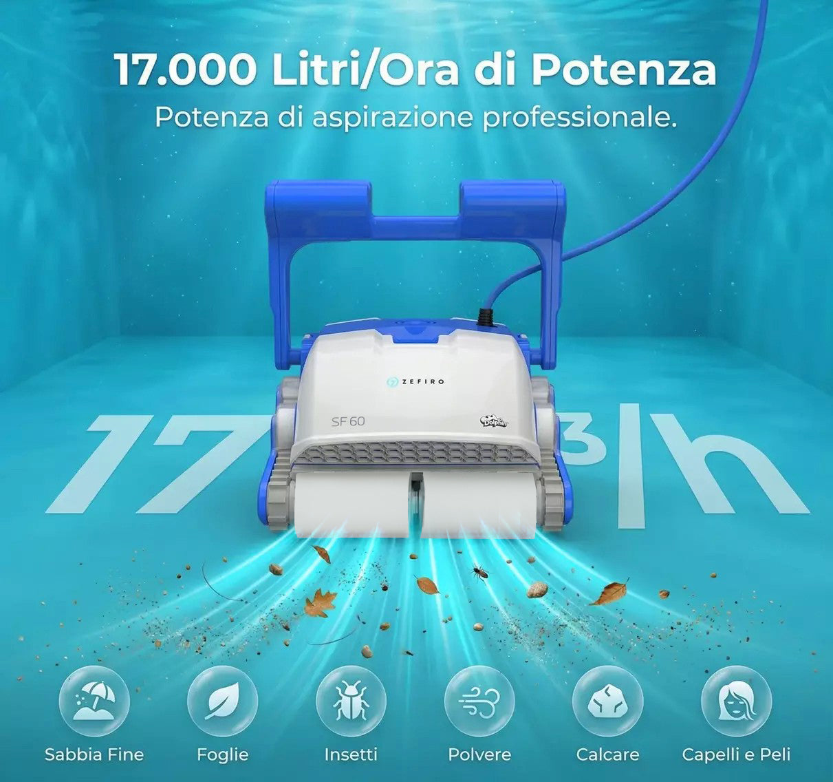 Dolphin ZEFIRO SF60i IoT Wi-Fi Bluetooth Smart Active Timer Gyro Digital - Robot Elettrico Pulitore per Piscina fino a 15 Mt - Rivestimento in Ceramica Cemento Verniciato Vetroresina & PVC con Gradino Perimetrale - APP MyDolphin Plus - MY2026