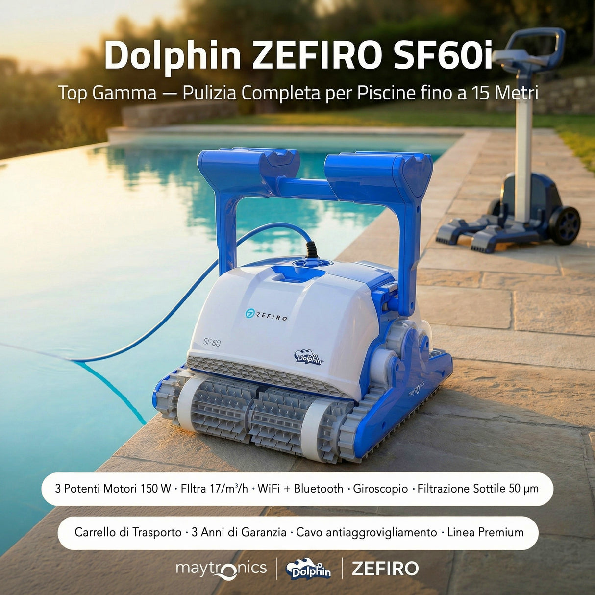 Dolphin ZEFIRO SF60i IoT Wi-Fi Bluetooth Smart Active Timer Gyro Digital - Robot Elettrico Pulitore per Piscina fino a 15 Mt - APP MyDolphin Plus - TOP GAMMA - MY2026