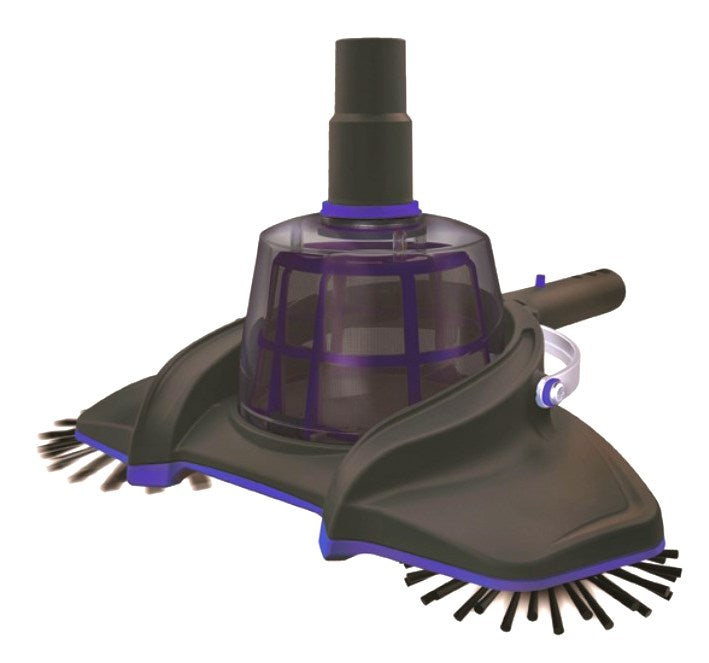 Robot piscina nero e viola con spazzole, modello non specificato.