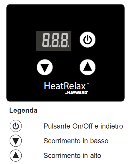 Pannello di controllo HeatRelax con display e pulsanti per gestione pompa di calore piscina.