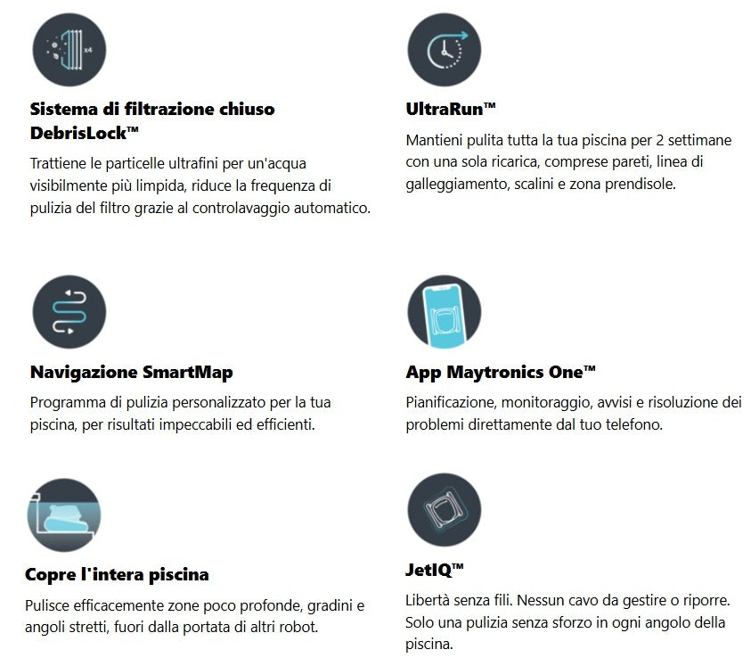 Infografica con caratteristiche del robot piscina Dolphin Eon 100i, incluse DebrisLock e SmartMap.