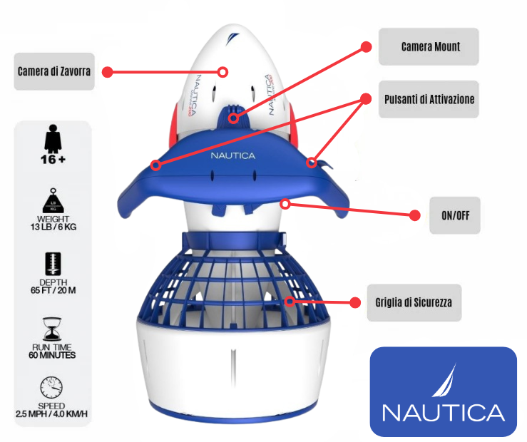 Seascooter Acquascooter Nautica Marine 200 a Batteria - Propulsore Subacqueo - Km/h 3,2 - Profondità Mt 20